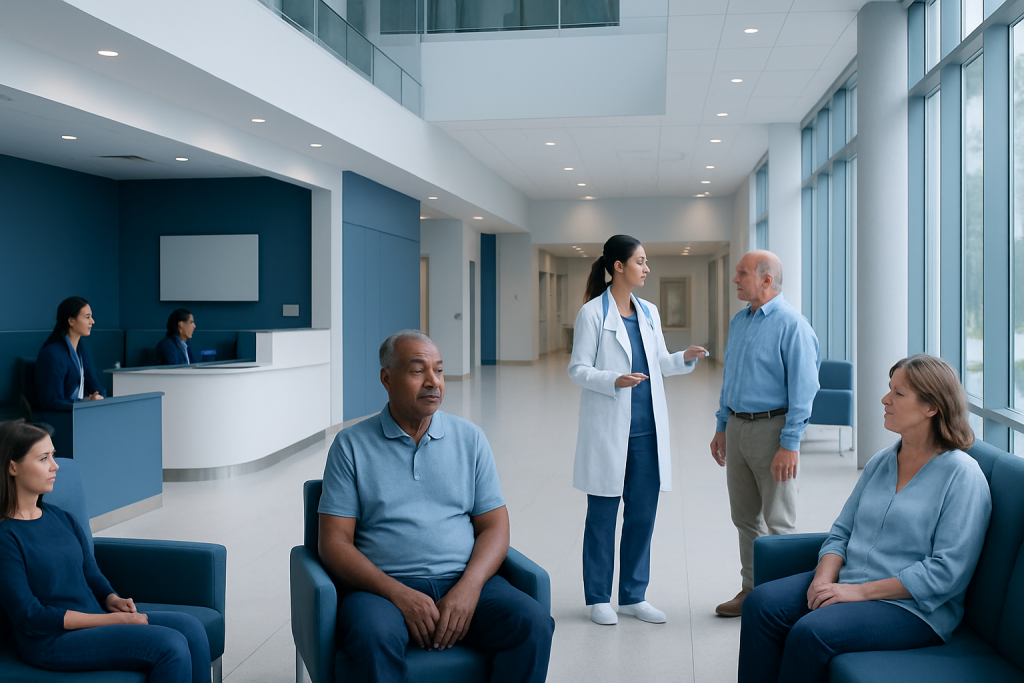 Does Apple Cider Vinegar Lower Blood Pressure? Here Is What the Evidence Says 1 Hospital waiting area with patients and medical staff engaging in conversation.