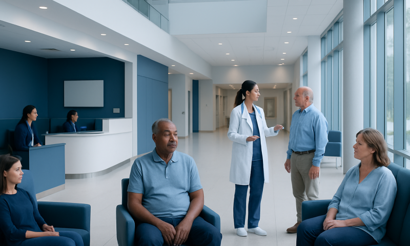 Hospital waiting area with patients and medical staff engaging in conversation.