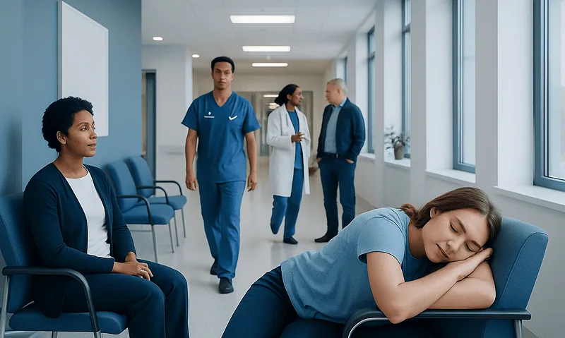 Patient resting in hospital corridor with medical staff nearby.