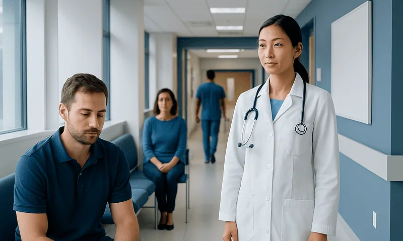 Doctor speaking with patient in hospital corridor.