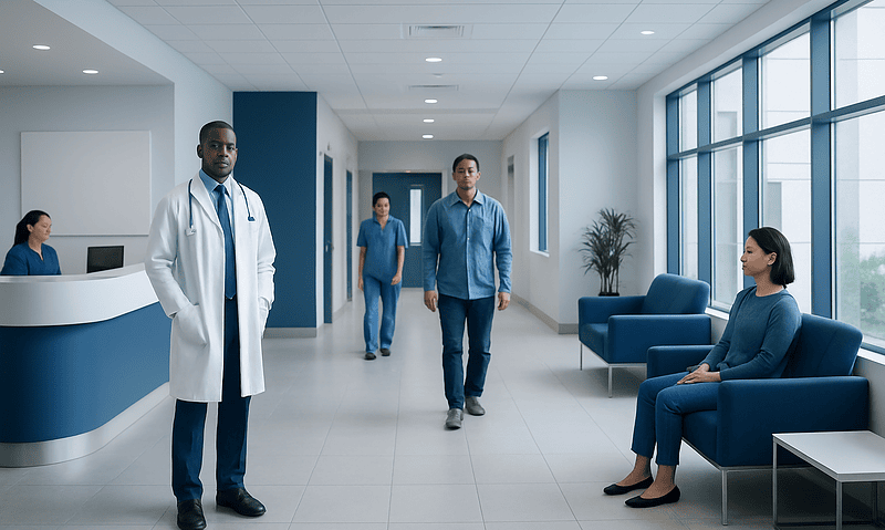 Hospital corridor with medical staff and patient waiting area.