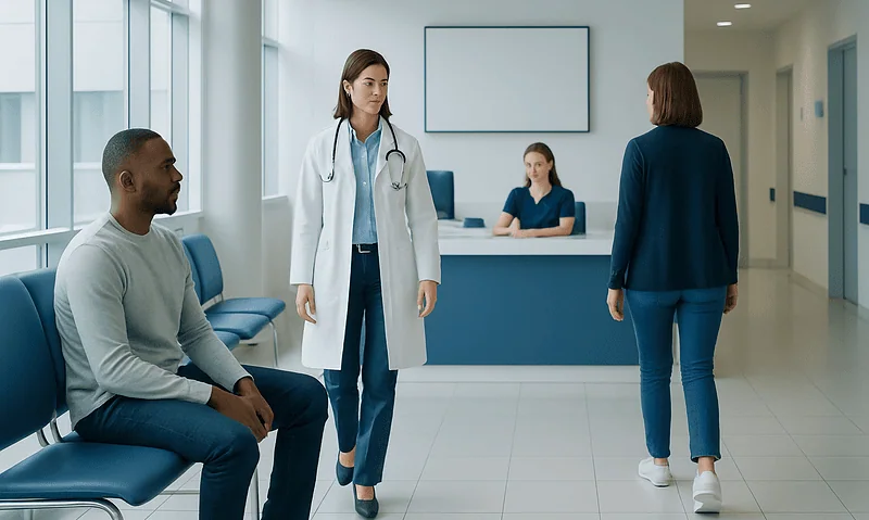 Medical consultation in a modern hospital waiting area with doctor and patients.