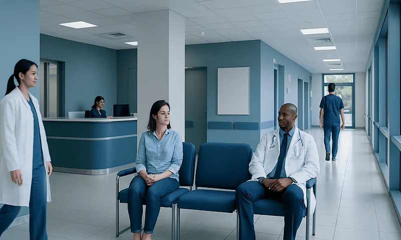 Hospital waiting area with patients and medical staff in a modern facility.
