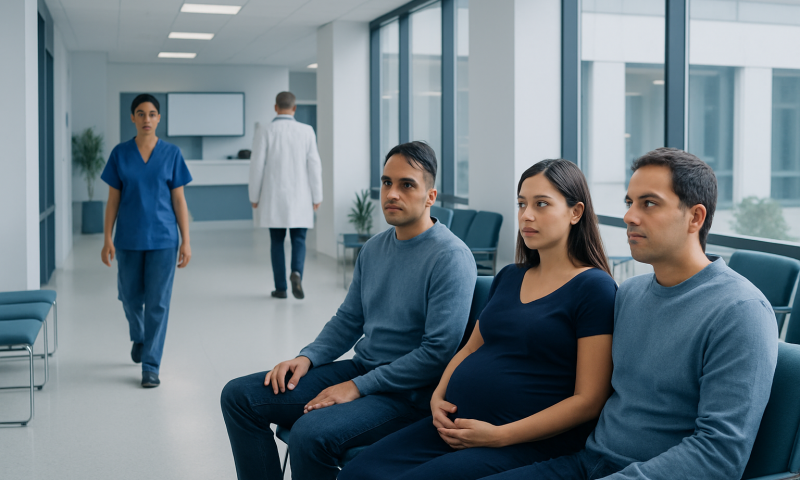 Pregnant woman waiting with her partner in a hospital corridor.