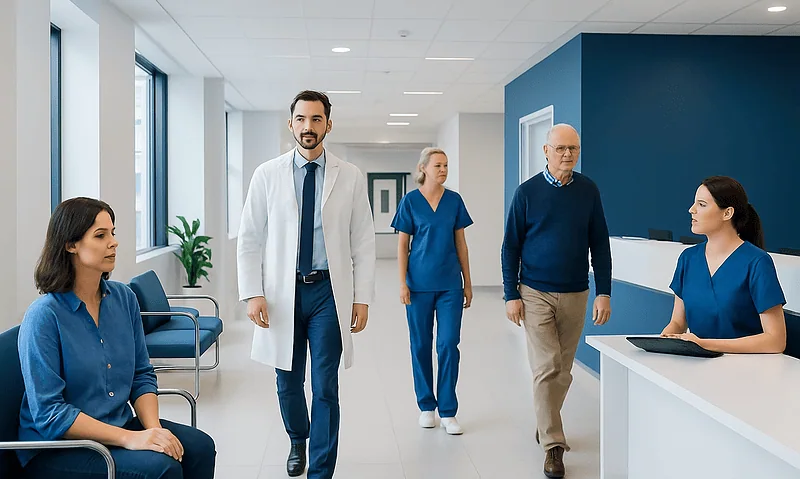 Medical team in hospital corridor with doctor and nurses.