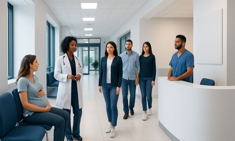 Medical team consulting pregnant woman in hospital corridor.