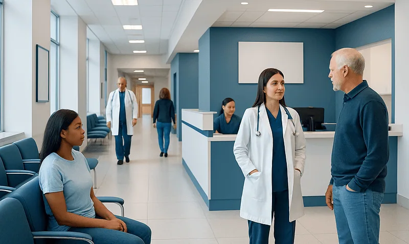 Hospital waiting area with medical staff and patients.