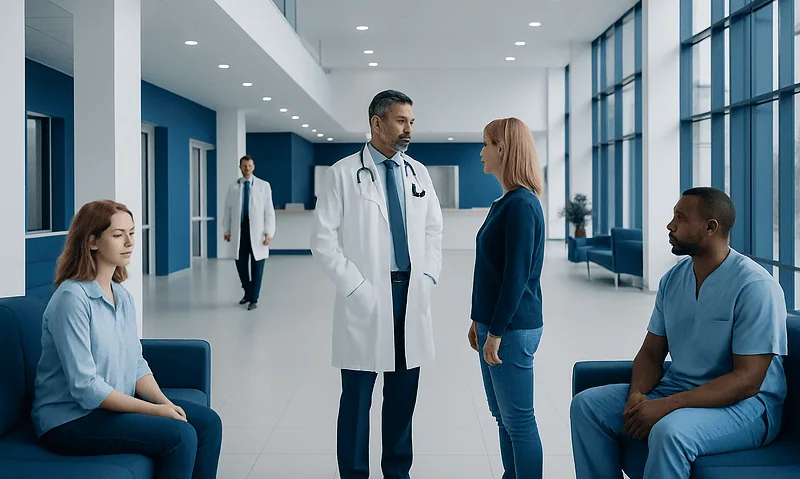 Medical consultation in a modern hospital with doctor and patients.