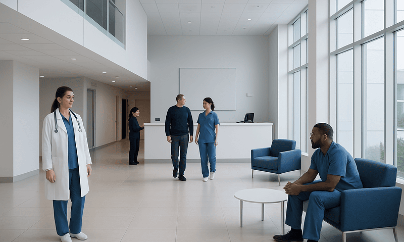 Modern hospital lobby with medical staff and patients in a bright, spacious setting.