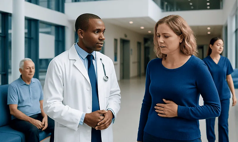 Doctor consulting a woman about her health in a hospital corridor.