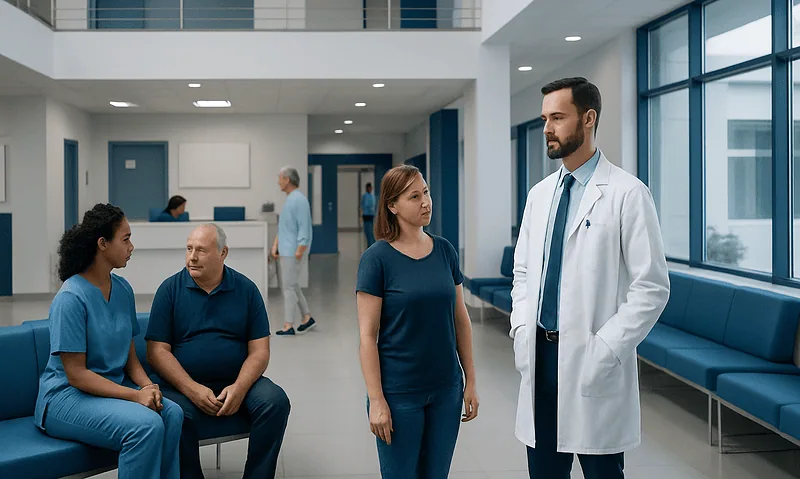 Medical professionals and patients in a hospital waiting area.