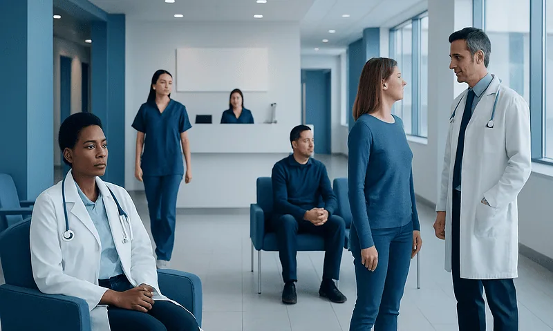 Hospital waiting area with medical staff and patients.
