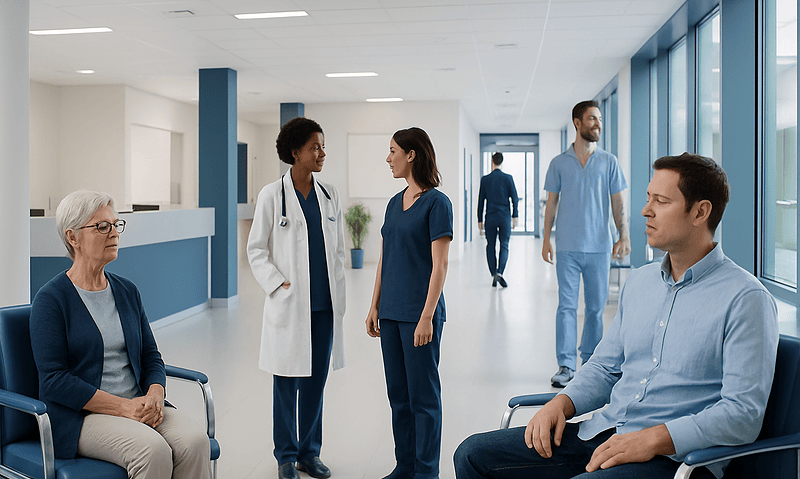 Medical staff and patients in a modern hospital corridor.
