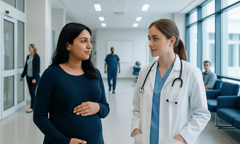 Pregnant woman consulting with a doctor in a hospital corridor.
