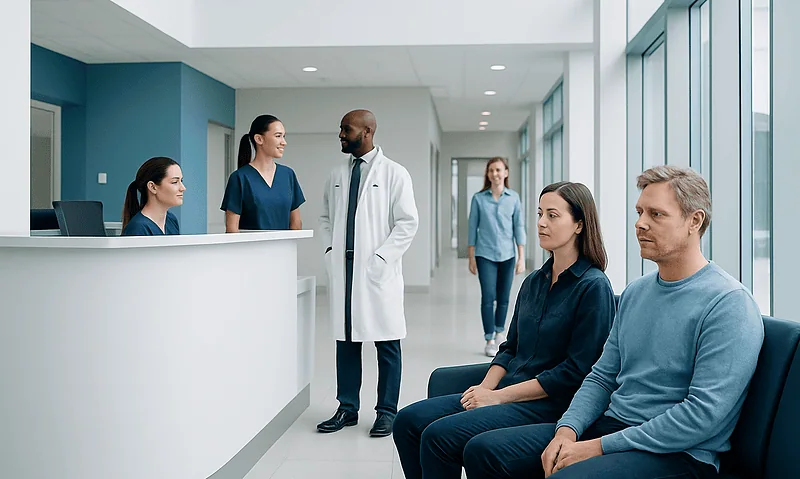 Patients waiting in a hospital lobby with medical staff nearby.