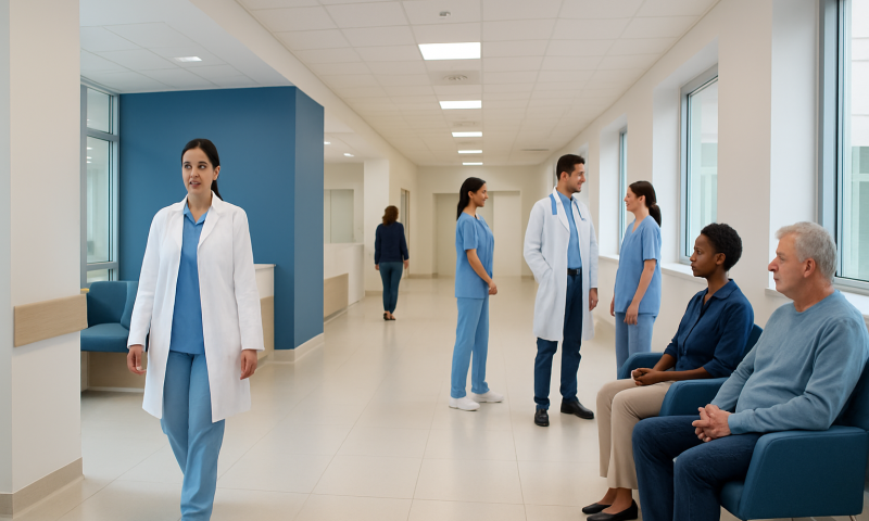 Healthcare professionals and patients in a modern hospital corridor.
