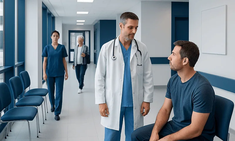 Doctor consulting patient in hospital corridor with medical staff in background.