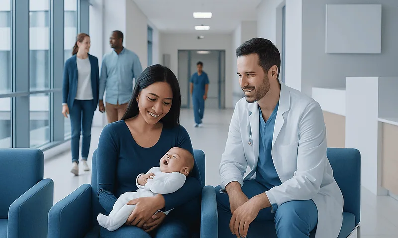 Happy mother and doctor with baby in hospital waiting area.