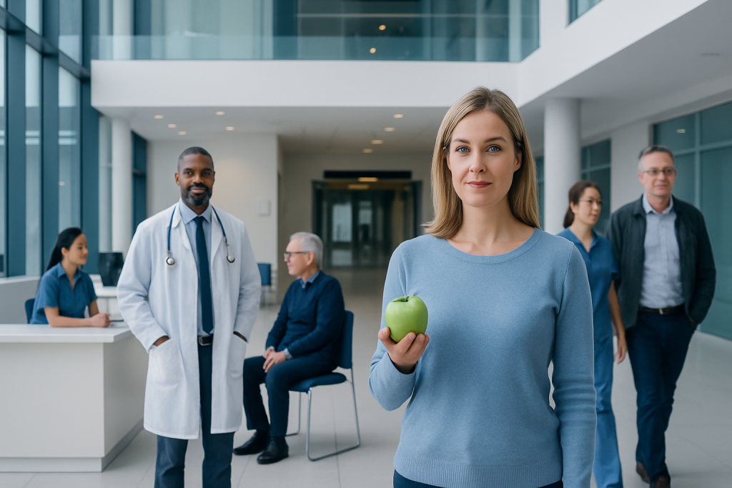Are Apples Good for You? Here Is What the Evidence Says 1 Healthy woman holding an apple in a hospital lobby with medical staff in background.