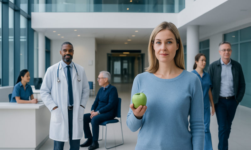 Healthy woman holding an apple in a hospital lobby with medical staff in background.