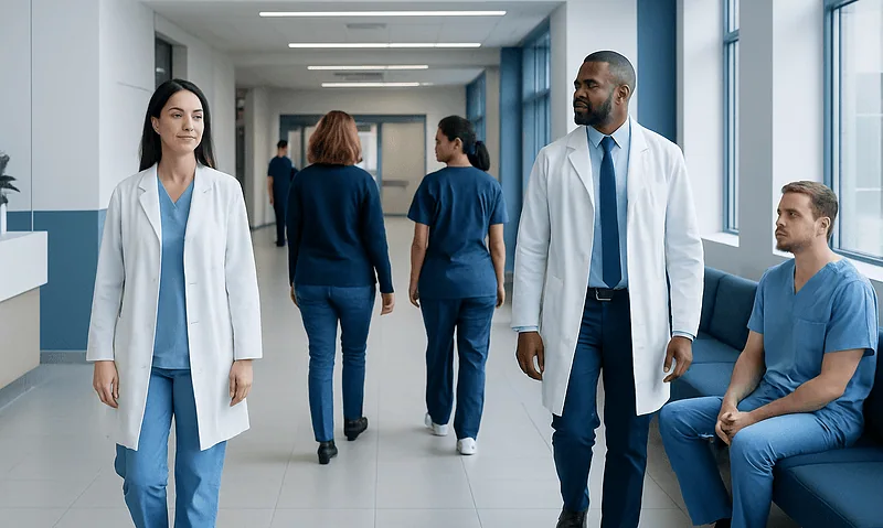 Medical professionals walking in hospital corridor with patients and staff.