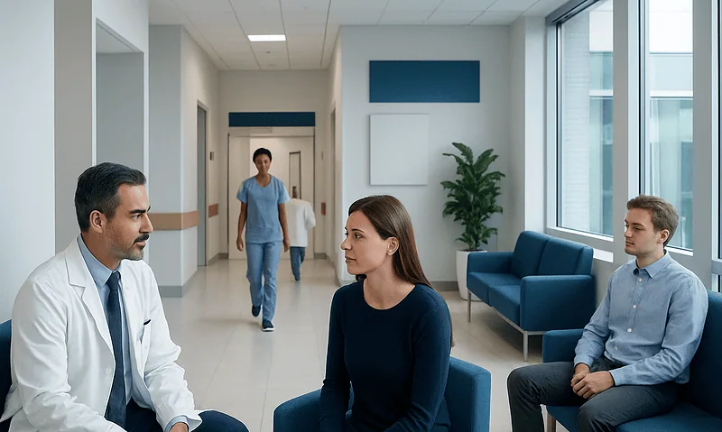 Doctor consulting with a patient in a hospital corridor.