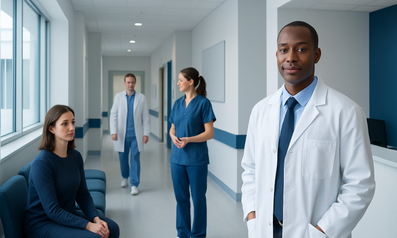 Healthcare professionals and patient in hospital corridor at Acibadem Hospitals Group.