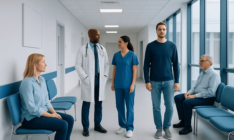 Medical team consulting patients in hospital corridor at Acibadem Hospitals Group.
