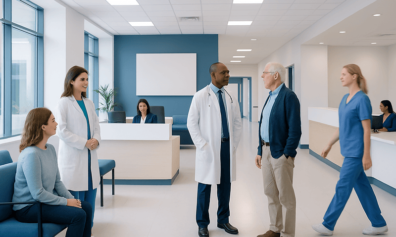 Medical professionals and patients in a modern hospital reception area.