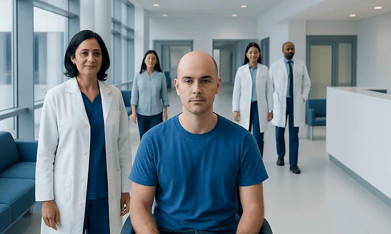 Patient with medical team at Acibadem Hospital for consultation or treatment.