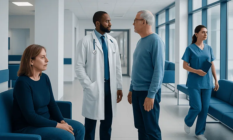Doctor consulting with a patient in a hospital corridor with nurse nearby.
