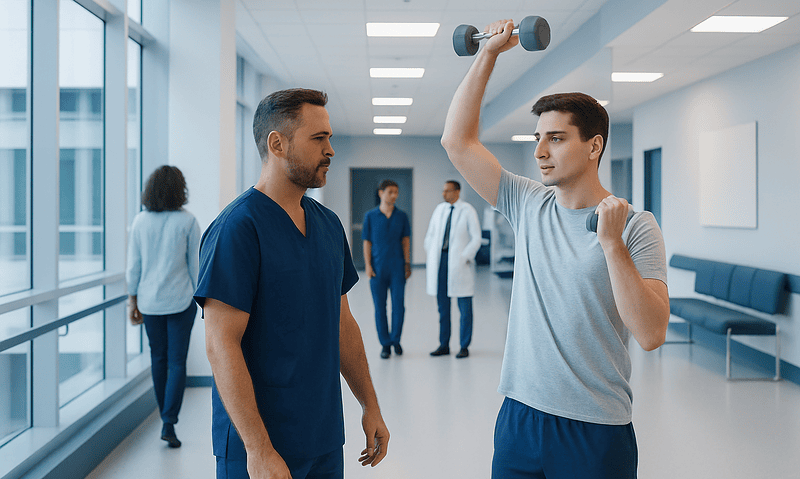 Young man lifting a dumbbell with medical staff observing in hospital corridor.