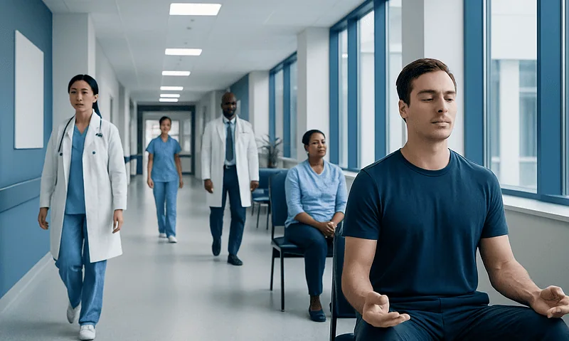 Patient meditating in hospital corridor with medical staff nearby.