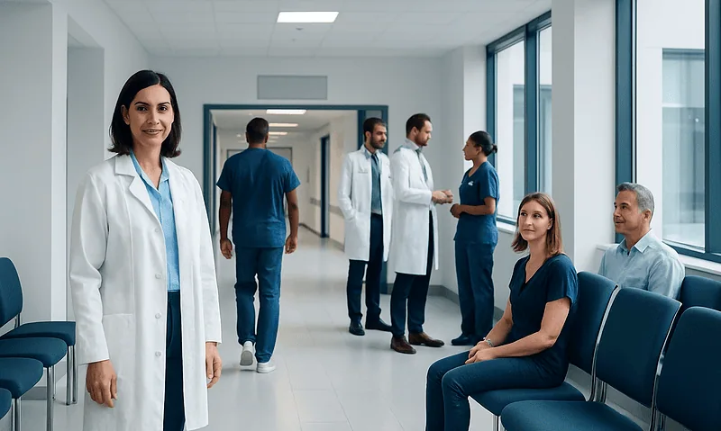Healthcare professionals and patients in a modern hospital corridor.