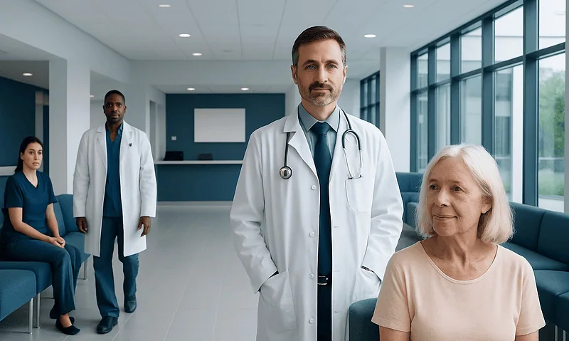 Medical team with senior patient in modern hospital lobby.