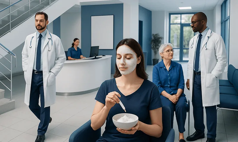 Young woman with face mask in hospital waiting area with doctors and nurse.