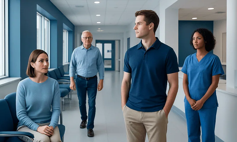 Medical team discussing patient care in hospital corridor.