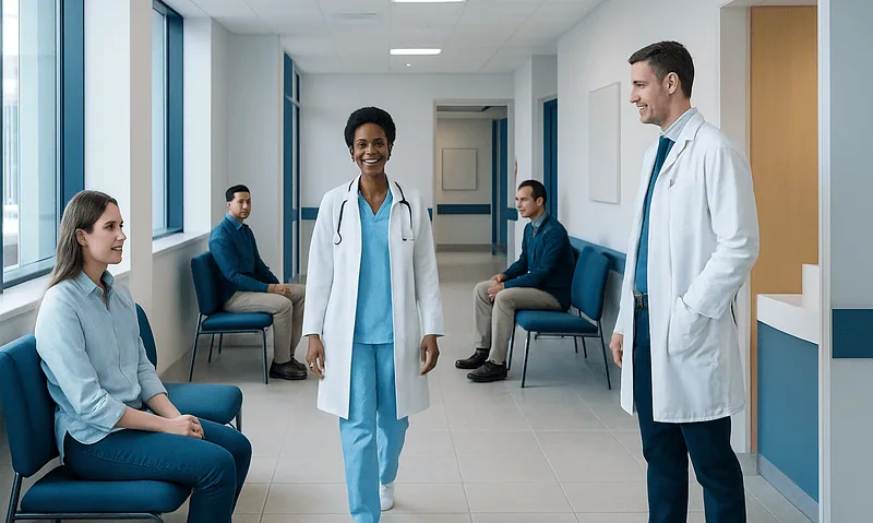Healthcare professionals and patients in a hospital corridor.