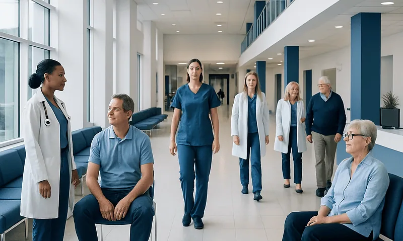 Healthcare professionals and patients in a hospital corridor.