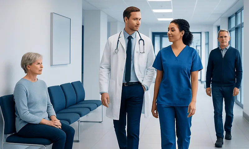 Medical professionals and patient in hospital corridor at Acibadem Hospitals Group.