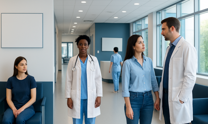 Medical professionals and patient in hospital corridor at Acibadem Hospitals Group.