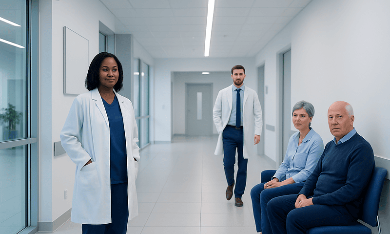 Medical team in hospital corridor with patients and staff.