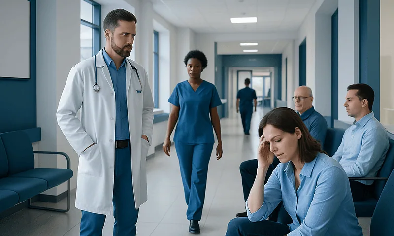 Medical team in hospital corridor discussing patient care.