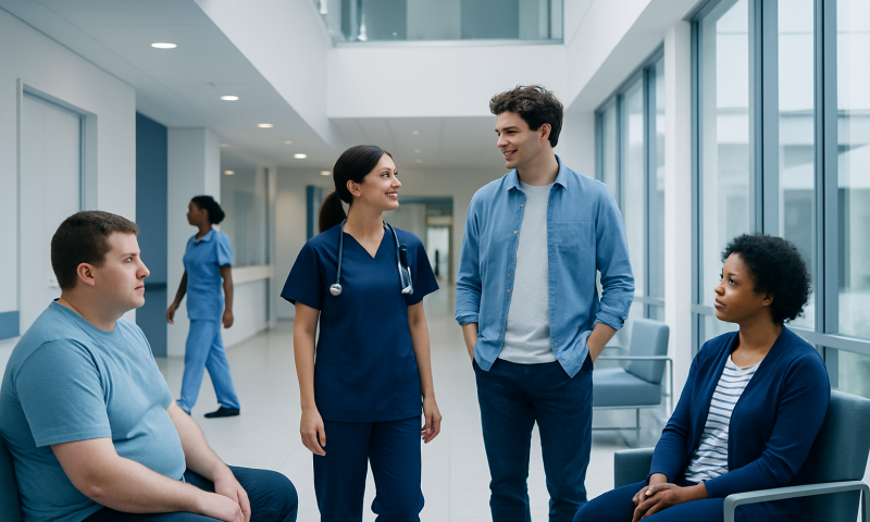 Healthcare professionals and patients in a modern hospital corridor.