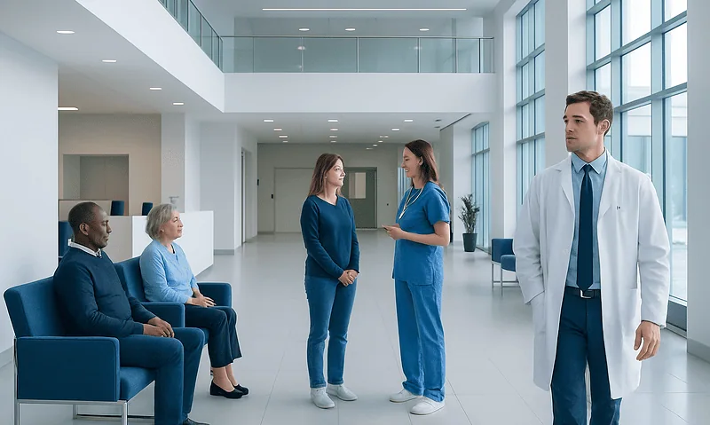 Modern hospital lobby with medical staff and patients engaging in conversation.