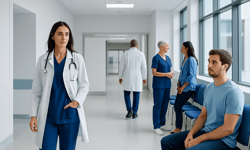 Healthcare professionals and patients in a hospital corridor at Acibadem Hospitals Group.