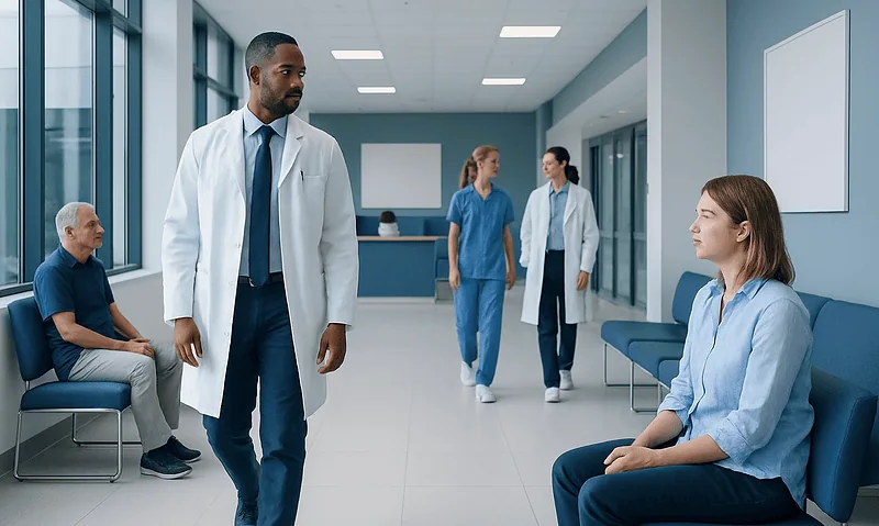 Medical professionals and patients in a hospital corridor.