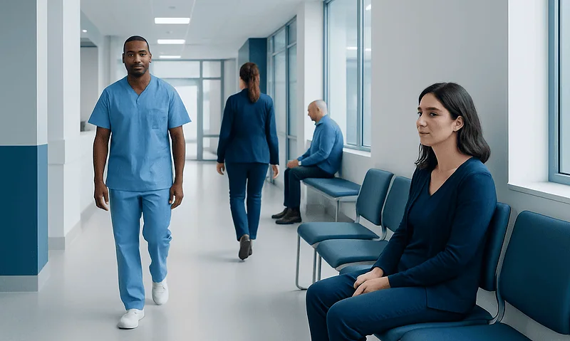 Healthcare professionals and patients in a modern hospital corridor.