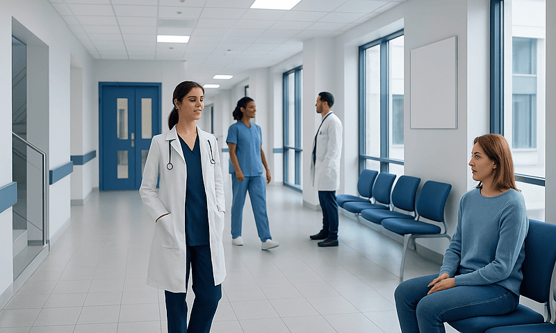 Medical professionals and patient in hospital corridor at Acibadem Hospitals Group.