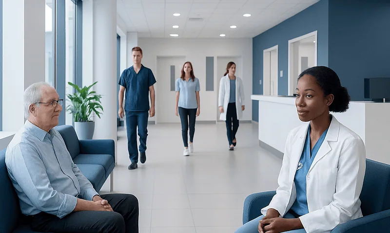 Medical consultation in a modern hospital corridor with healthcare professionals.